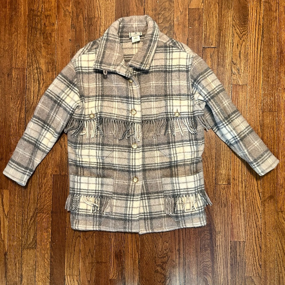 JJ Farmer Womens Plaid Barn Jacket With Fringe, 100% Wool, Made In Canada, Small